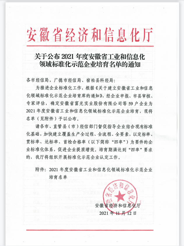 2021年度安徽省工業(yè)和信息化領域標準化示范企業(yè)培育名單